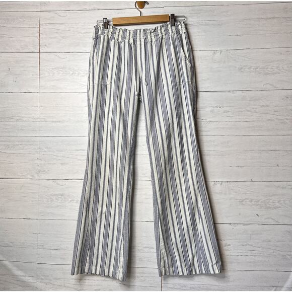 Roxy Pants Womens Size XL Blue & White Oceanside Stripe Flare Beach Linen Blend - Picture 1 of 16